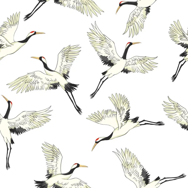 Żuraw Wzór Wektor Ilustracja Latający Ptak Kwiat — Wektor stockowy