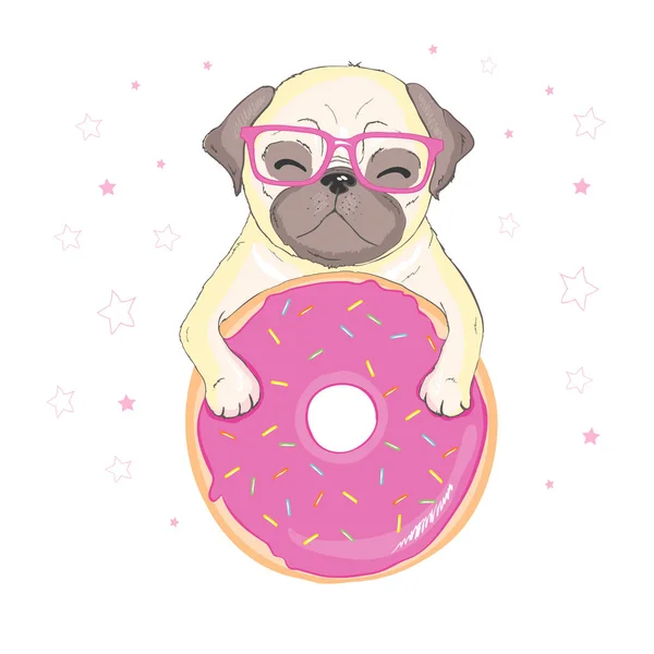 Cute Pug Dalam Gelas Dan Wajah Bahagia Pada Donat Pink - Stok Vektor