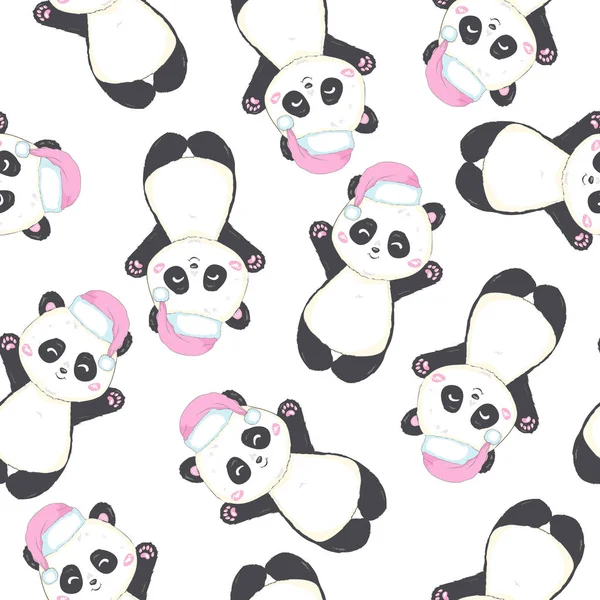 Patrón Sin Costuras Con Oso Panda Sombrero Santa Patrón Repetido — Vector de stock