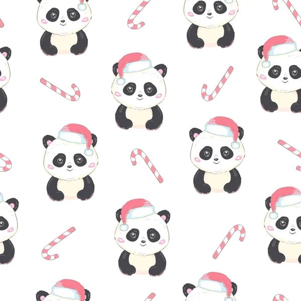 Noel Baba Şapkası Ayı Panda Ile Seamless Modeli Mutlu Noeller — Stok Vektör