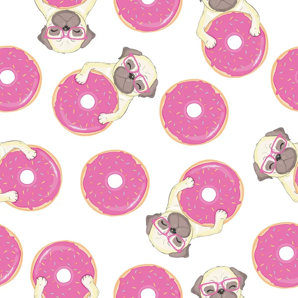 Pink Seamless Pattern Funny Pug Donut — Stock Vector