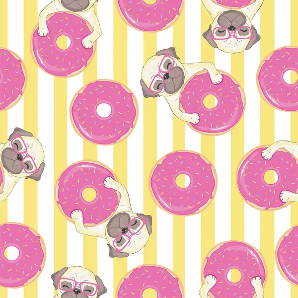 Розовый Безморский Узор Забавным Мопсом Пончиком — стоковый вектор