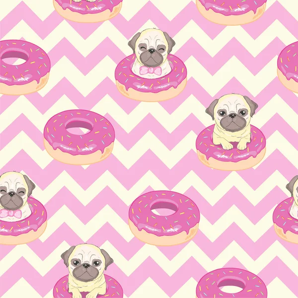 Pink Seamless Pattern Funny Pug Donut — Stock Vector