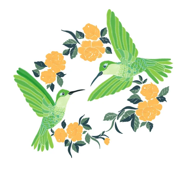 Bordado Con Colibrí Flores Vector Ilustración — Vector de stock