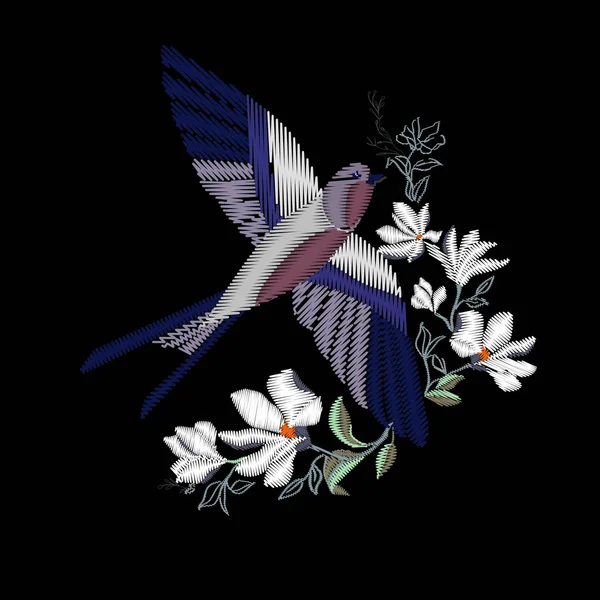 Broderie Avec Beaux Oiseaux Fleurs Hirondelles — Image vectorielle