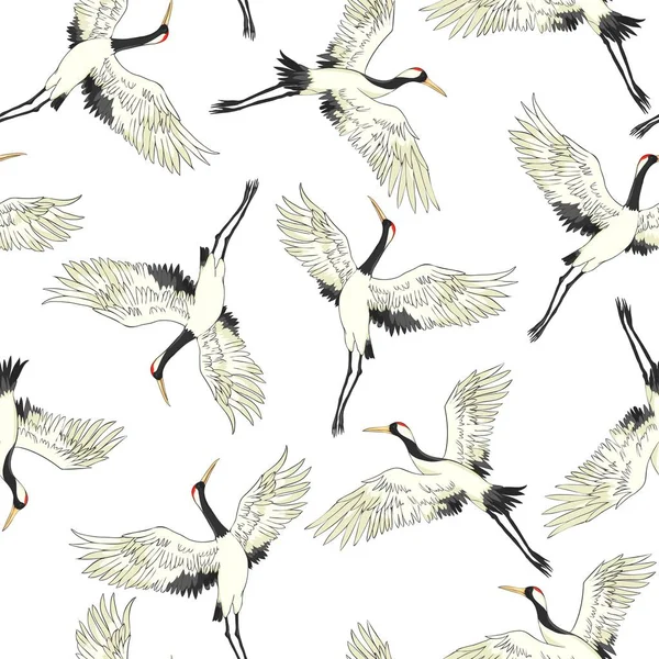 Jeřáb Vzor Vektorová Ilustrace Létající Ptačí Květ — Stockový vektor