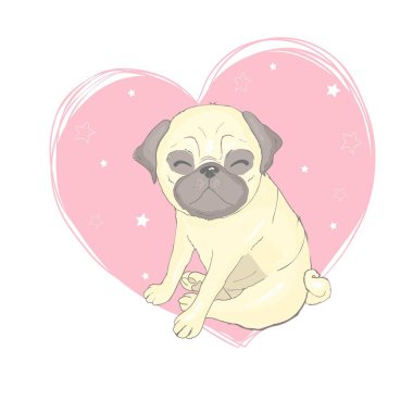 Pug köpek çizgi film illüstrasyon. Pug köpek yavrusu, dilini çıkarmış gülümseyerek oturan sevimli dost şişman tombul açık kahverengi. Evcil Hayvan, köpek severler, hayvan temalı tasarım öğesi üzerinde beyaz izole.