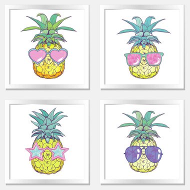 ananas ile gözlük tasarım, egzotik, arka plan, gıda, meyve, taze çizim doğa illüstrasyon ananas yaz tropikal vektör