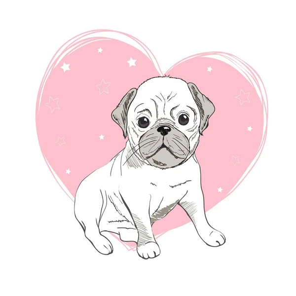 Pug dog cartoon illustration. Cute friendly fat chubby fawn sitting pug puppy, smiling with tongue out. Pets, dog lovers, animal themed design element isolated on white. — Stock Photo, Image