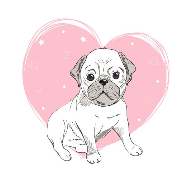 Иллюстрация мультфильма про мопса. Симпатичный жирный пухлый пухлый щенок, сидящий на мопсе, улыбающийся с высунутым языком. Питомцы, любители собак, элементы дизайна животных изолированы на белом
.