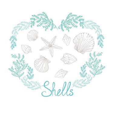 El çizimi vektör çizimleri - deniz kabuğu koleksiyonu. Denizci takımı. Davetiyeler, tebrik kartları, posterler, baskılar, afişler vs. için mükemmel
