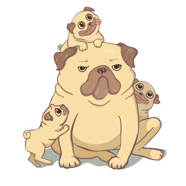 Pug köpek çizgi film illüstrasyon. Pug köpek yavrusu, dilini çıkarmış gülümseyerek oturan sevimli dost şişman tombul açık kahverengi. Evcil Hayvan, köpek severler, hayvan temalı tasarım öğesi üzerinde beyaz izole.