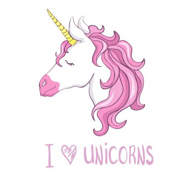 Sevimli vektör tek boynuzlu at. Etiket, kart, t-shirt ve komik çocuk tasarım için yıldız tozu çevrili pembe yele ile sihirli karakter.