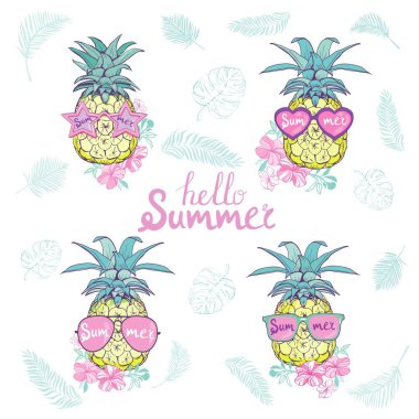 Ananas kümesi. egzotik meyve. Vektör çizim