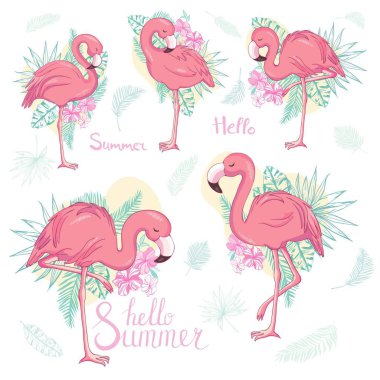Beyaz arka plan üzerinde izole egzotik flamingolar kümesi. El suluboya resim çekilmiş.
