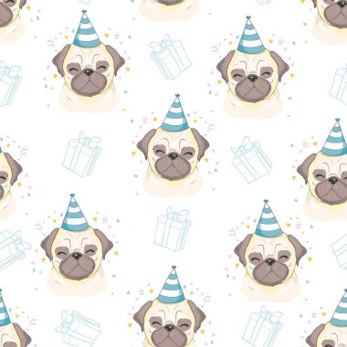 Vektör çizimi. Pugs ile kusursuz vektör deseni.