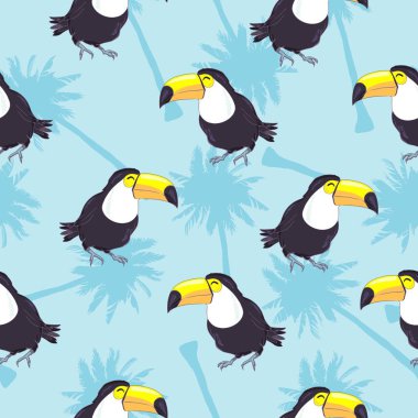 Toucans, egzotik yaprakları ve ananas ile tropikal seamless modeli. Vektör çizim