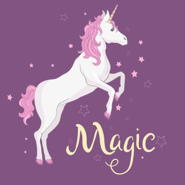 Sevimli vektör tek boynuzlu at. Etiket, kart, t-shirt ve komik çocuk tasarım için yıldız tozu çevrili pembe yele ile sihirli karakter.