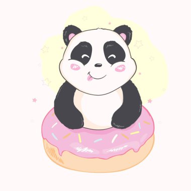 Vektör çizim: dev panda, dilini bambu bir dalı ile yere oturuyor bir sevimli çizgi elinde bırakır