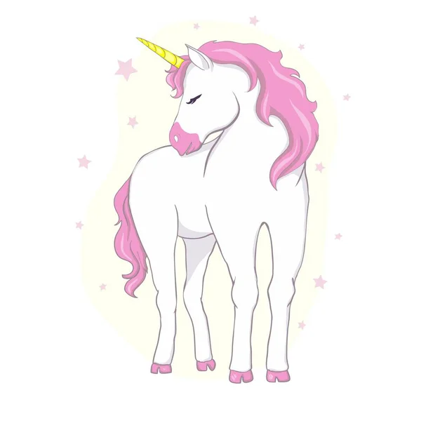 Lindo vector unicornio. Personaje mágico con melena rosa rodeado de polvo de estrella para pegatina, tarjeta, camiseta y diseño infantil divertido . — Vector de stock