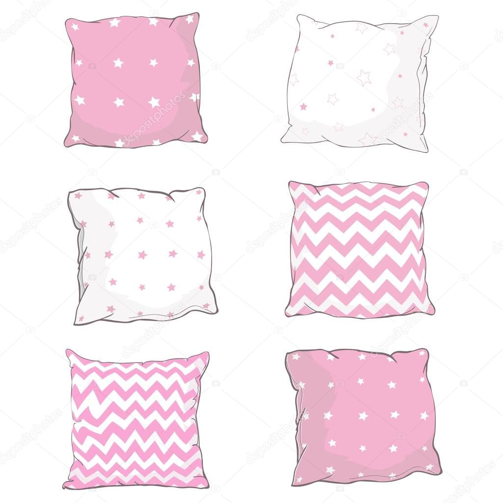 Vector cartoon decorative pillows. Hand drawn set of decorative pillows. Doodle illustration