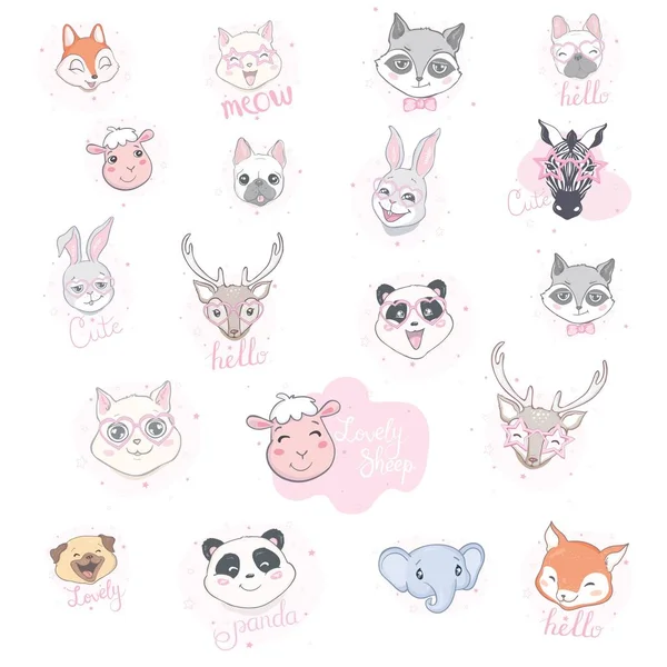 Kreslená roztomilá zvířátka pro dětskou kartu a pozvánku. Vektorová ilustrace. Lev, pes, králíček, medvěd, Panda, tygr, kočka, liška. — Stockový vektor