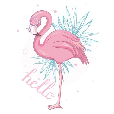 Güneş gözlüklü, gözlüklü, ananaslı, vektör illüstrasyonlu, yaz baskısı tasarımlı, tişörtünde çocuk baskısı olan şirin bir flamingo.,
