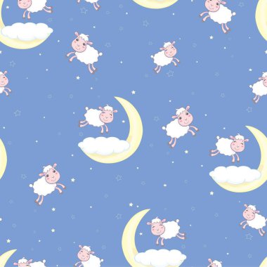 Uykuya dalmak için koyunları saymanın kusursuz bir örneği. Bebek için mutlu zıplayan koyunlar çizgi filmi. Vektör arkaplanı