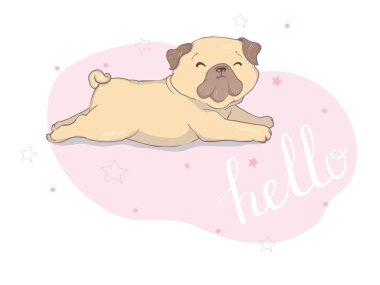 Pembe bir donut ile sevimli bej köpek pug. Güzel bir gün-yazı alıntı var. Mizah kartı, t-shirt kompozisyon, el çizilmiş stil baskı. Vektör Illustration.