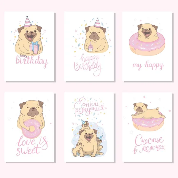 Cute funny pug dog is here. Set of rectangle gift tag, card, postcard. Pugs and kisses. Vector illustration. — Stock Vector