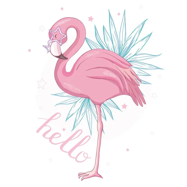 Güneş gözlüklü, gözlüklü, ananaslı, vektör illüstrasyonlu, yaz baskısı tasarımlı, tişörtünde çocuk baskısı olan şirin bir flamingo., — Stok Vektör