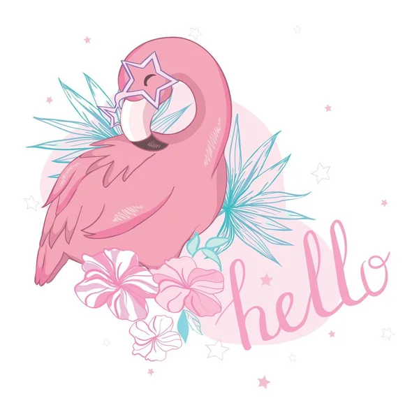 Güneş gözlüklü, gözlüklü, ananaslı, vektör illüstrasyonlu, yaz baskısı tasarımlı, tişörtünde çocuk baskısı olan şirin bir flamingo., — Stok Vektör