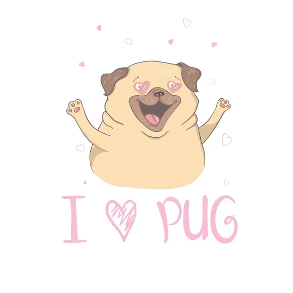 Pug beige puppy yang manis dengan donat merah muda. Semoga harimu menyenangkan. Kutipan surat. Kartu humor, komposisi t-shirt, cetakan gaya gambar tangan. Ilustrasi vektor . - Stok Vektor