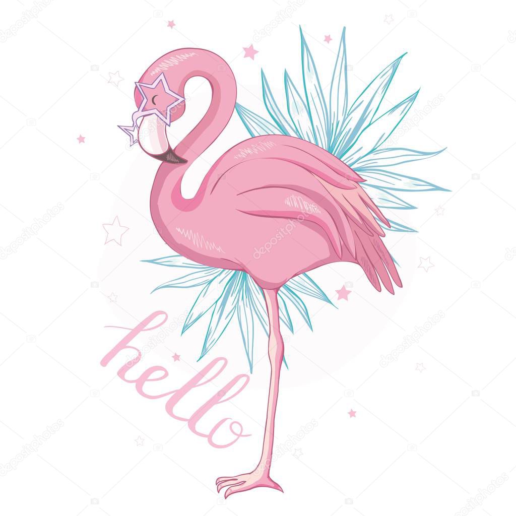 Cute flamingo with sunglasses, glasses pineapple, vector illustration, summer print design, children print on t-shirt,