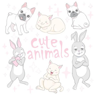 Bebek kartı ve davetiye için karikatür sevimli hayvanlar. Vektör illüstrasyon. Aslan, köpek, tavşan, ayı, panda, kaplan, kedi, tilki.