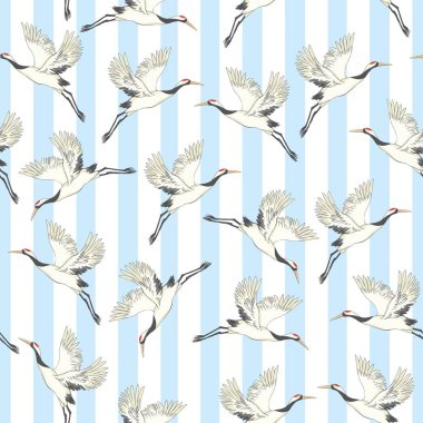 Dikişsiz desen, tropikal kuşlar ile arka plan. Beyaz balıkçıl, Kakadu papağan. Renkli ve anahat tasarım lacivert zemin üzerine... Vektör çizim. Siyah arka plan üzerine izole.