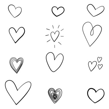 Dokuz el çizilmiş kalp. Beyaz arka planda izole edilmiş kabataslak işaretli kalpler. Grafik tasarımınız için vektör illüstrasyonu