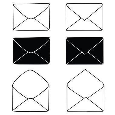 Siluet zarf karalama simgesi. Elle çizilmiş siyah çizim. İşaret işareti. Dekorasyon elemanı. Beyaz arka plan. İzole edilmiş. Düz dizayn. Vektör illüstrasyonu.