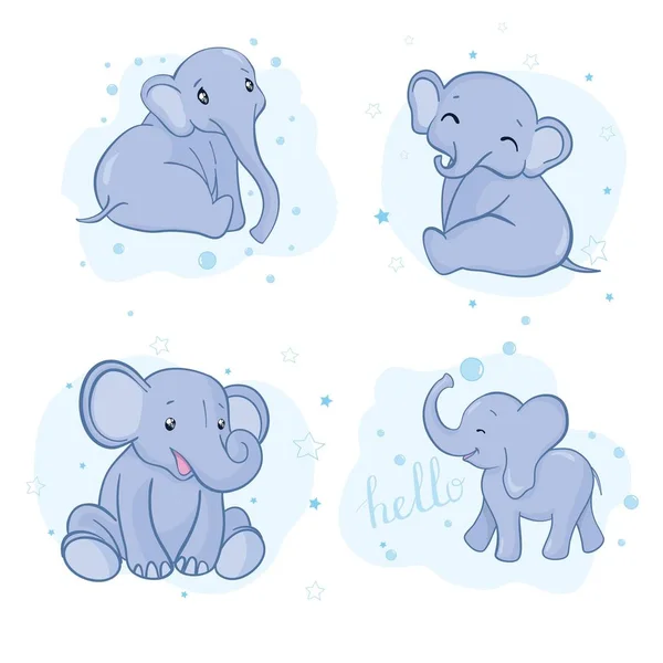 Conjunto de bonitos elefantes do bebê dos desenhos animados. Ilustração em aquarela vetorial . —  Vetores de Stock