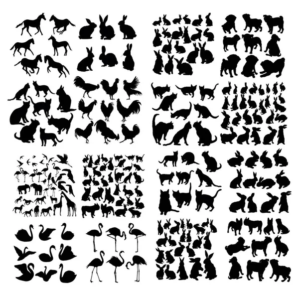 300 vector silhouettes of animals (mammals, birds, fish, insects) — Stock Vector