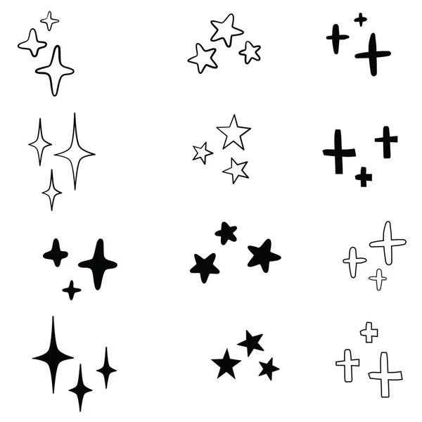 Conjunto de estrellas vectoriales dibujadas a mano negras en estilo garabato sobre fondo blanco. Podría ser utilizado como patrón o elemento independiente. Marcador de pincel incompleto — Vector de stock