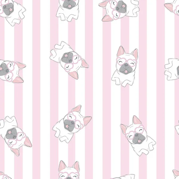 Padrão sem costura vetorial com filhotes de cachorro bonito cão dos desenhos animados. Pode ser usado como fundo, papel de parede, tecido e para outro padrão design.French Bulldog — Vetor de Stock