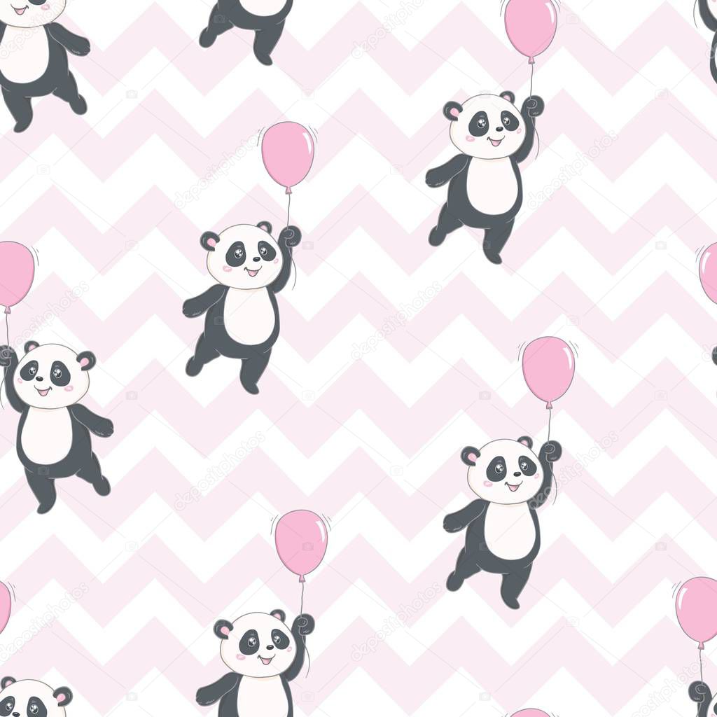 Vector Pattern: Seamless panda bear pattern on light pink background, panda with different gestures