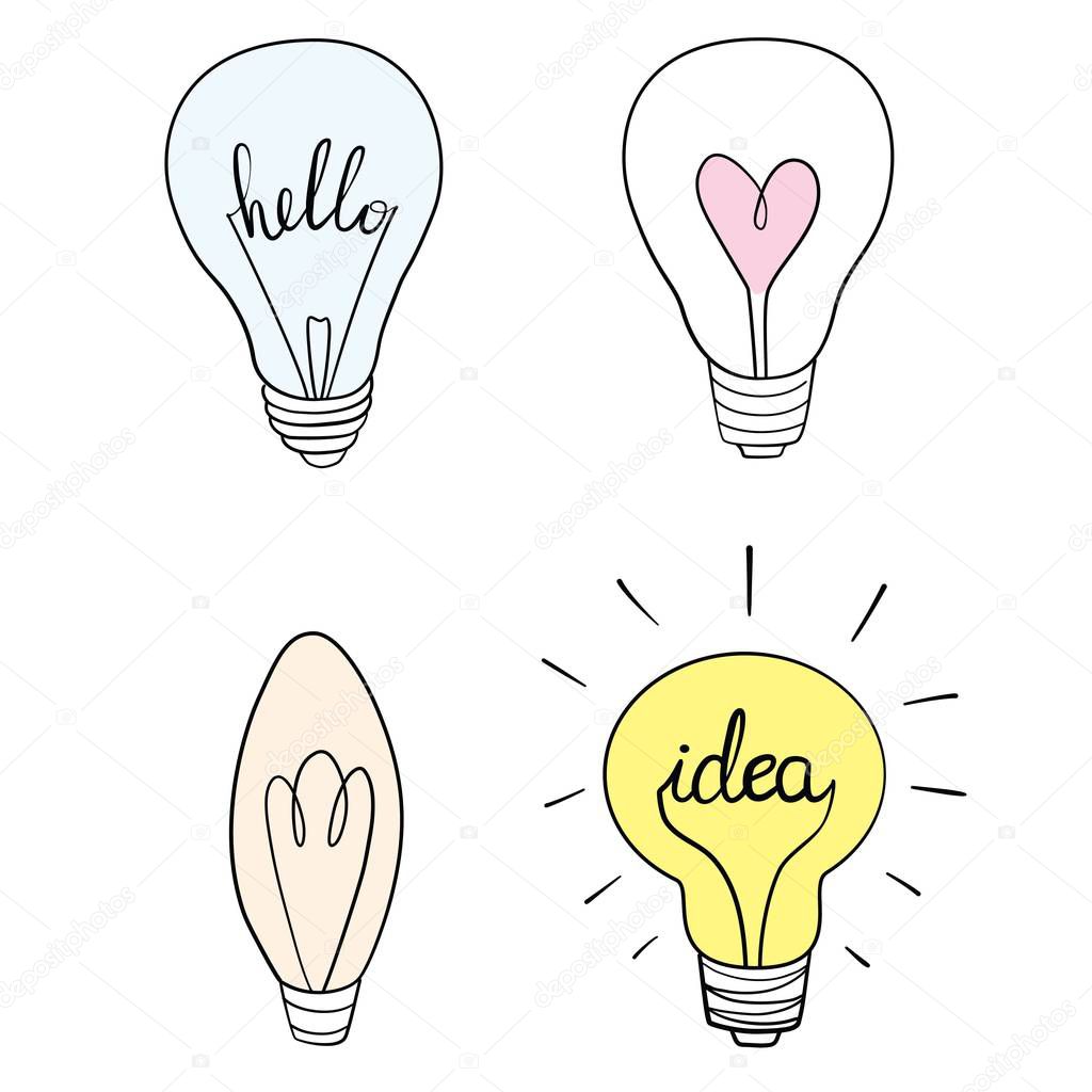 Set of Hand-drawn light bulbs, symbol of ideas
