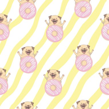 Komik pug ve çörek ile pembe seamless modeli.