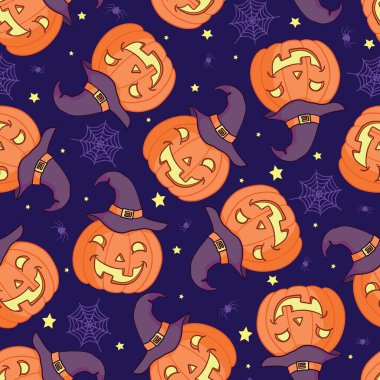 Cadılar Bayramı için kusursuz bir model. Balkabağı, hayalet, yarasa, şeker ve Cadılar Bayramı temalı diğer şeyler. Cadılar Bayramı için parlak çizgi film deseni