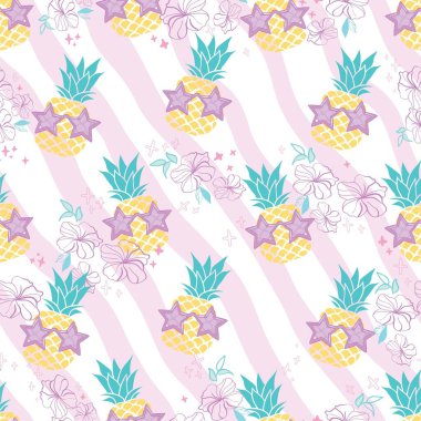 Ananas Gözlüğü Şablonu, Meyve Örnekleri, Vektör, İllüstrasyon, Kusursuz Desen, Arkaplan.