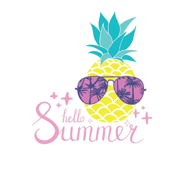 Lustiger Vektorhintergrund mit Ananas in Gläsern, Sprechblase und handgeschriebenem Text "Hallo Sommer". Handzeichnung Sommerkarte. — Stockvektor