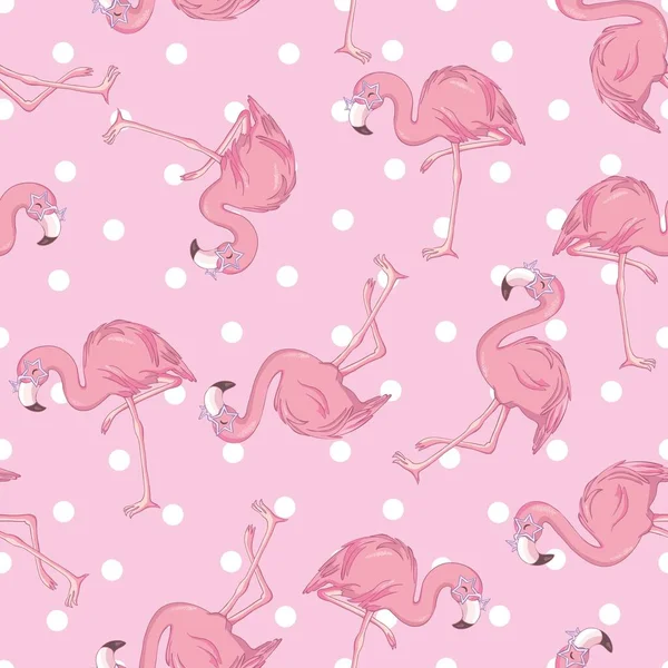 Seamless pattern with cartoon pink flamingo — Stock Vector
