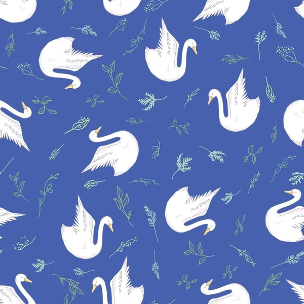 Patrón sin costuras con cisnes blancos. Cisnes blancos sobre fondo rosa. Ilustración vectorial . — Archivo Imágenes Vectoriales